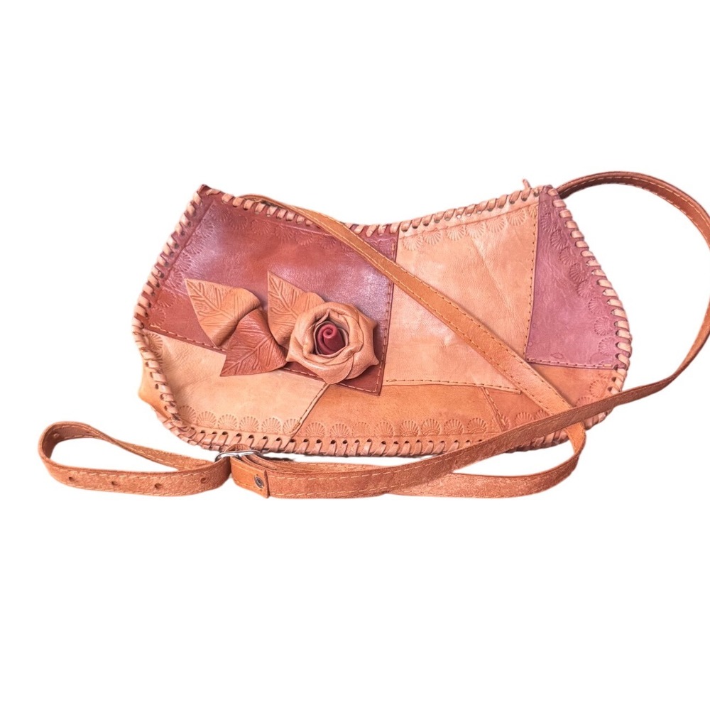 Handmade Vintage 80's Tooled Leather Crossbody Rose Star Embossed Boho 6x10x3"
